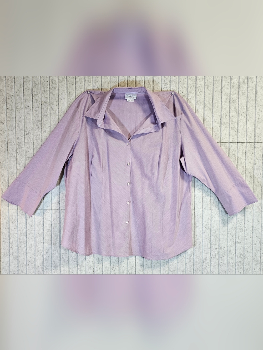 Worthington Stretch Button Down Blouse Women XL Lavender Pearl Button 3/4 Sleeve
